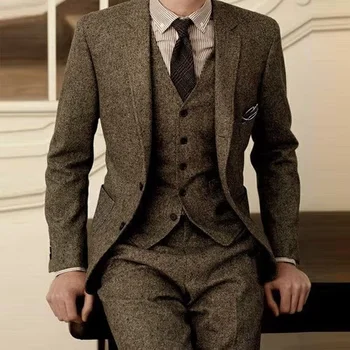 Blazer per uomo Disegni Abito in tweed marrone da uomo Abiti da sposa formali invernali vintage per uomo Abito classico da uomo 3 pezzi Abito da uomo
