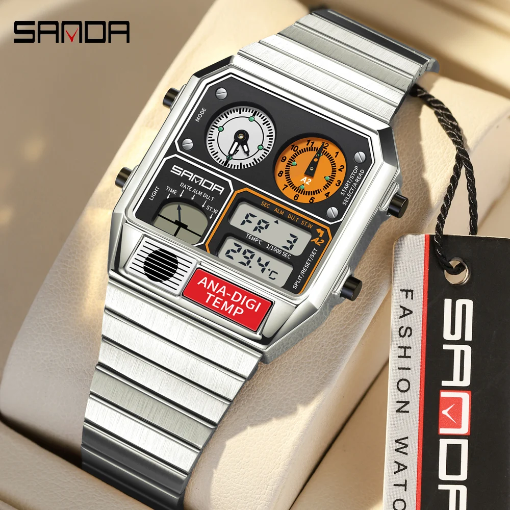 SANDA Electronic Watch Men Square Steel Band Digital Wristwatch Temperature Measurement Stopwatch Timing Multifunctional Watch