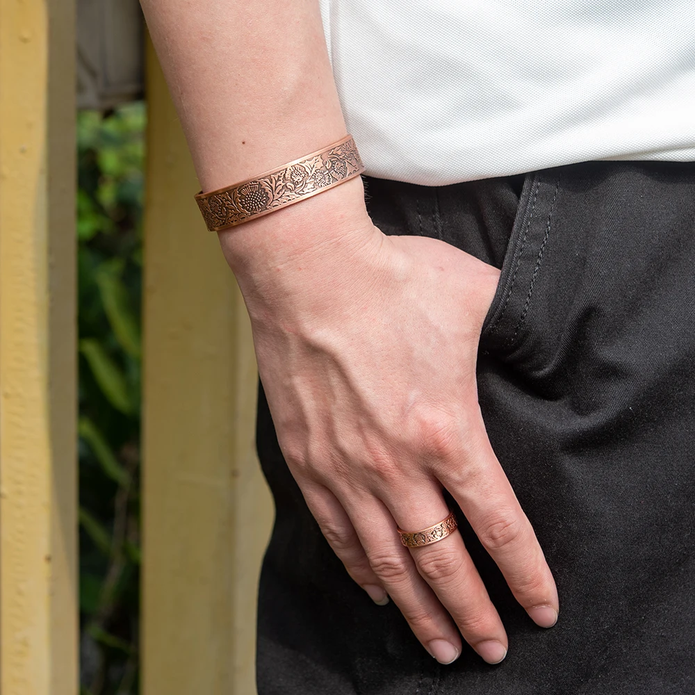 Meathly Magnetic Pure Copper Jewelry-Set Chrysanthemum Adjustable Bracelet Ring Resizable Health Arthritis Jewelry Set for Women Men_voghion.com