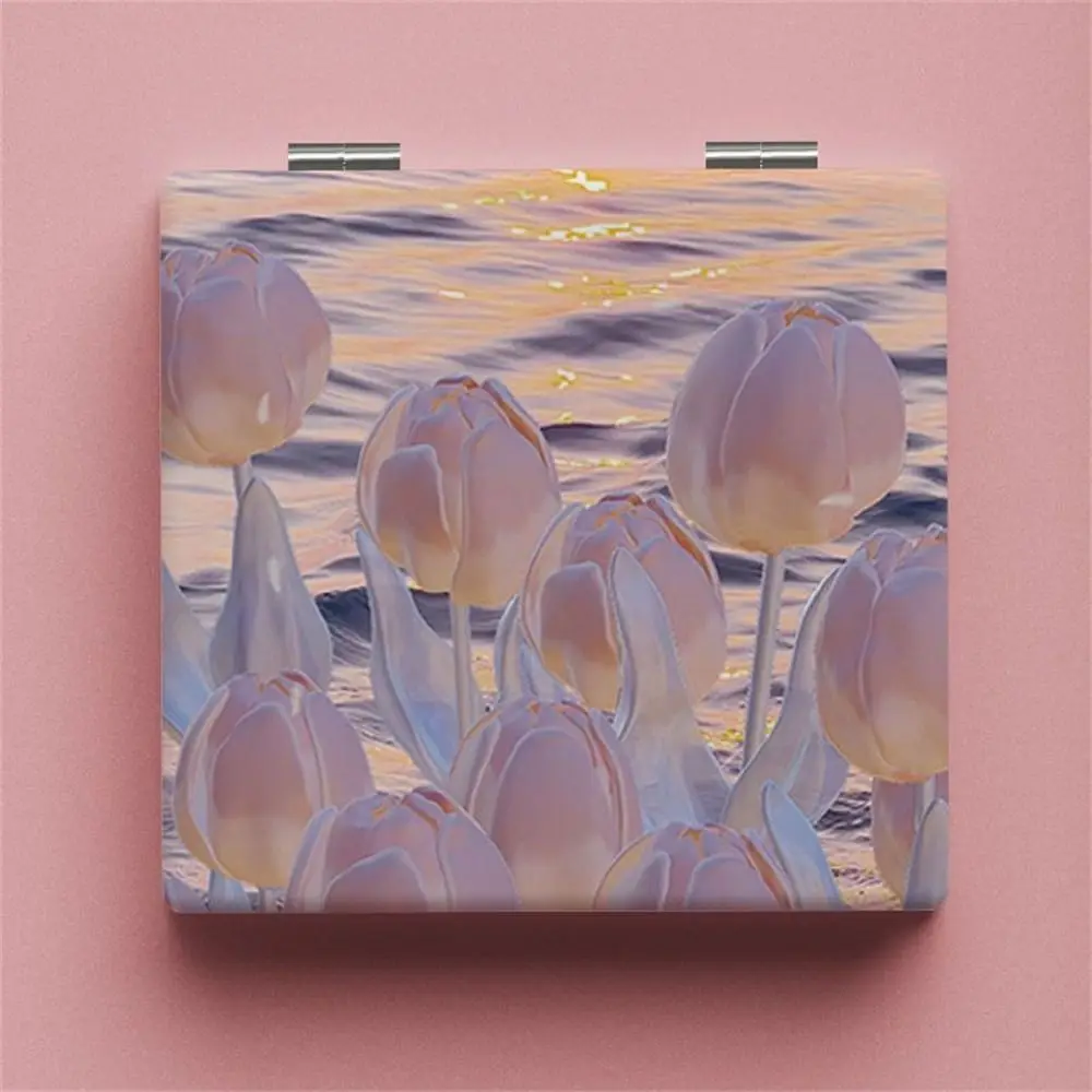 Tulip Square Makeup Mirror Double-Sided Oil Painting Cosmetic Mirror Handheld Compact Folding Mirror Makeup Accessories