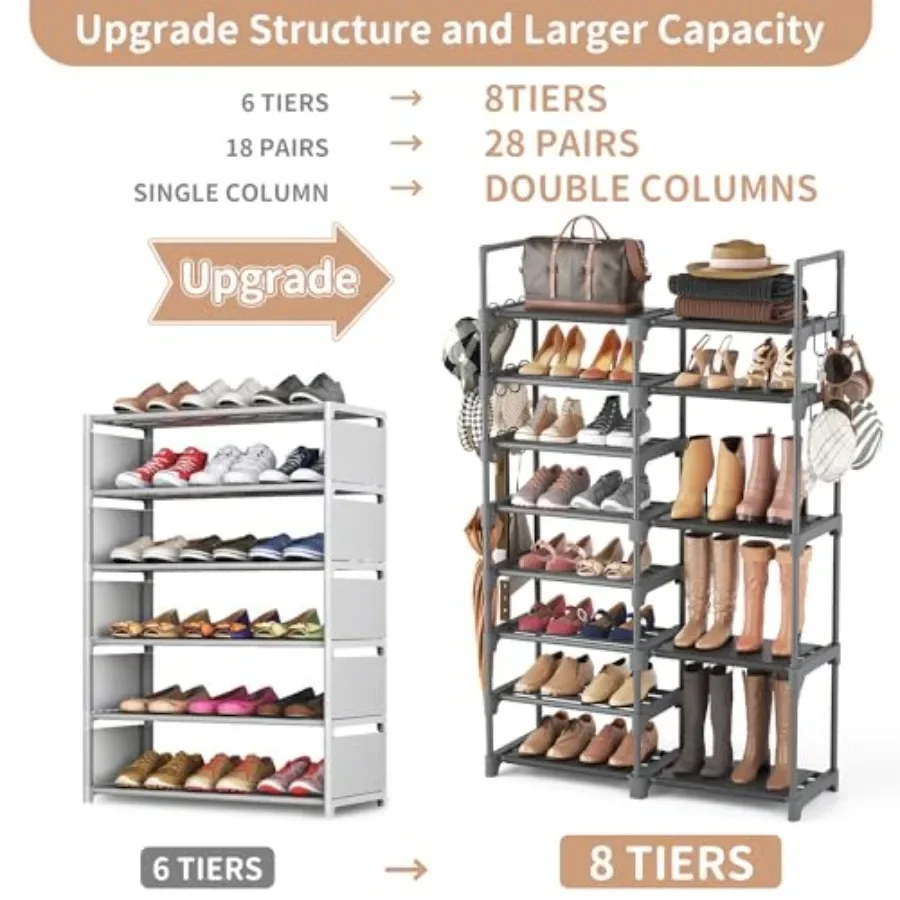 Shoe Rack Shoe Storage Organizer for Closet Entryway Garage Bedroom 8 Tier Tall Metal Shoe Shelf for 2632 Pairs Boots Shoes Adj