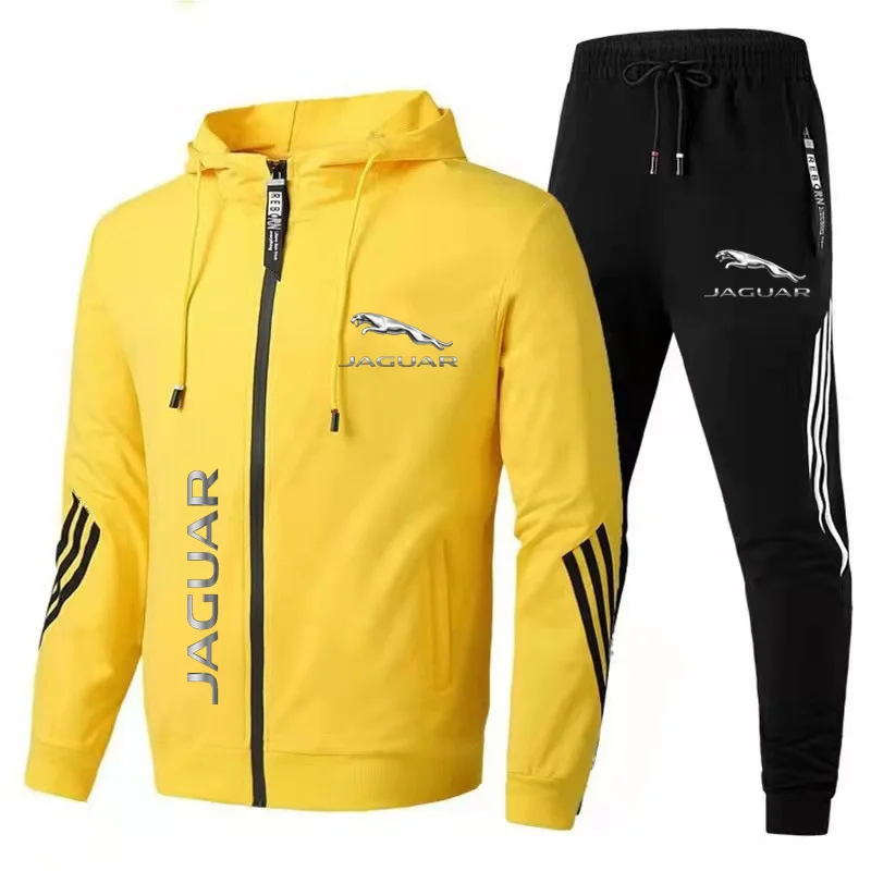 Jaguar 2023 New Men's Sportswear Jaguar Logo Printed Hooded Sweatshirt+Pants Casual Fit Running Fitness Men's Sportswear