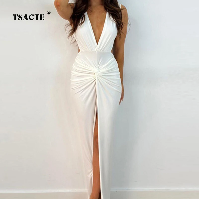 

Sexy Deep V-neck Backless Womens Wears 2024 Spring New Solid Color High-end Feeling Fold Slit Slim Fit Waist Wrap Buttocks Dress