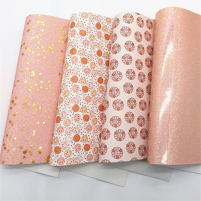 Description Picture 3 of itemShimmer Glitter Leather with Gold Stards Smiling Faces Printed Synthetic Leather Smooth Glitter Vinyl For Bow DIY 21x29CM Q1642