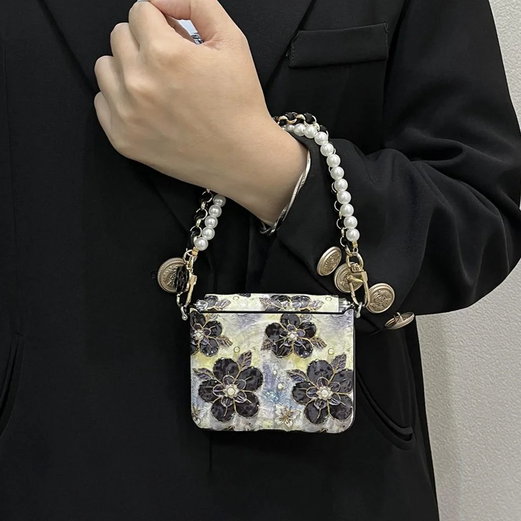 Transparent Pink Butterfly Flower Phone Case with Pearl Bracelet Chain and Hard Lens Protection Cover