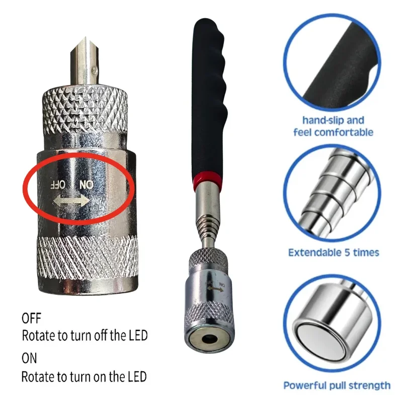 LED 조명이 있는 텔레스코픽 자석 픽업 도구, 360도 회전 ° 나사, 너트, 볼트를 줍기 위한 유연한 헤드 확장형 자석 막대 펜, A