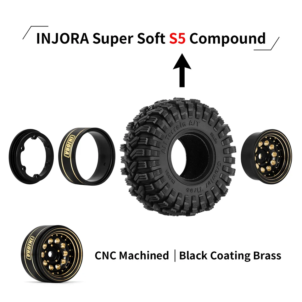 thumbnail image 2 of INJORA 1.0 Beadlock Wheels & Mud Tires For 1/18 RC Crawlers 2 of 9