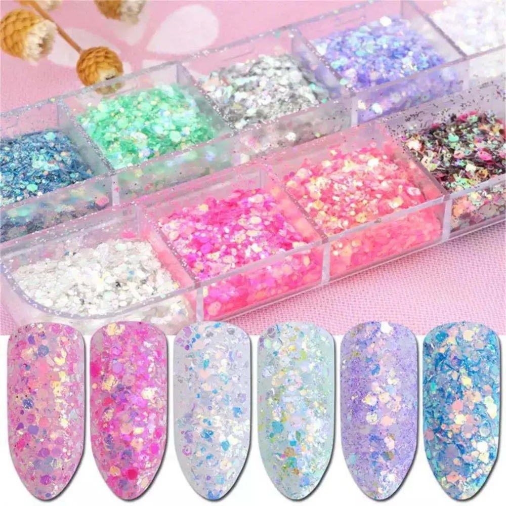 12Grids/Box Gradient Mermaid Glitter Flakes for Nails Hexagon Sequins Mix Powder 3D Manicure Nail Art Paillettes Decoration Tips