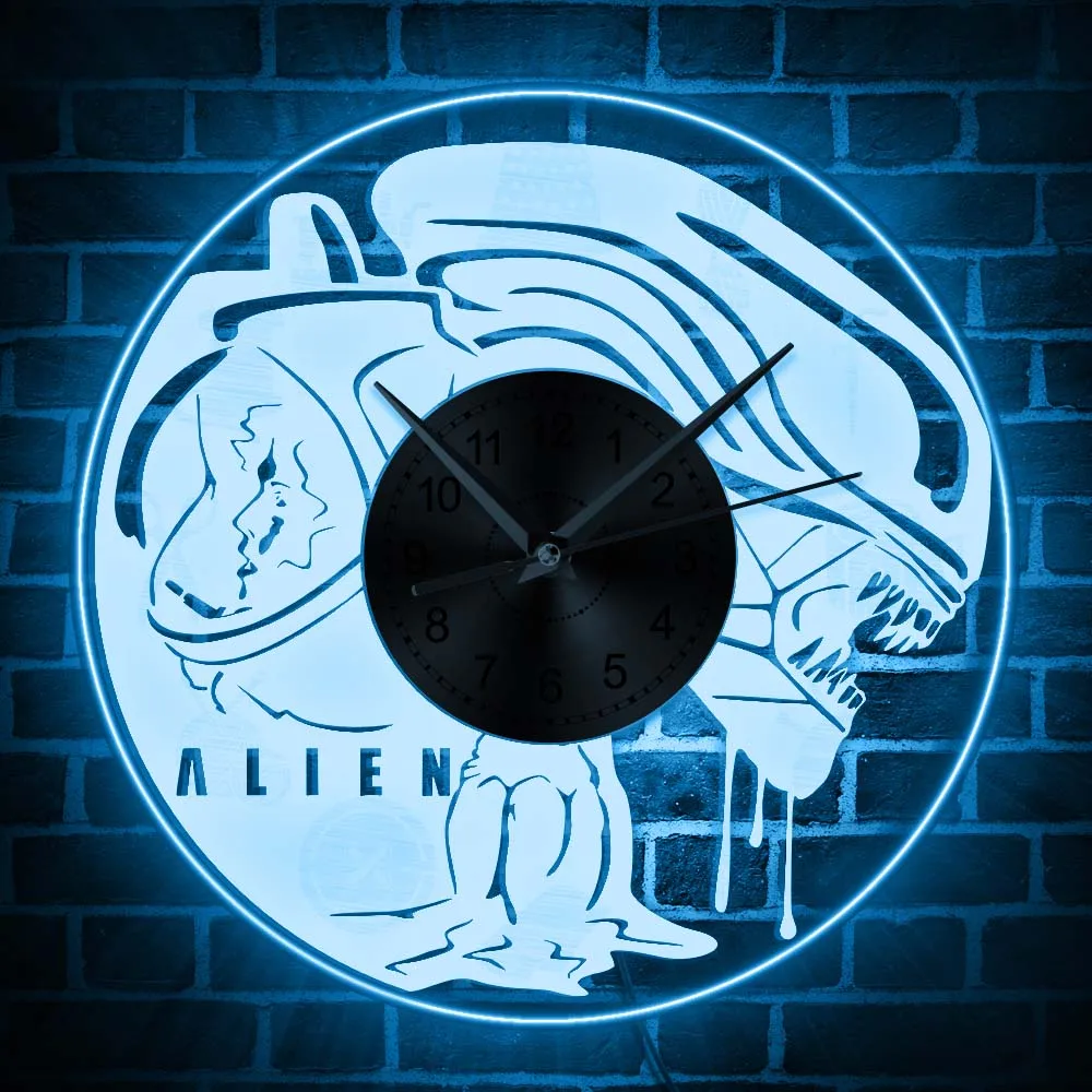 Alien Xenomorph Film Extra-Terrestre Kid Room Night Light Clock Fantascienza Spazio Esterno Illuminazione A Led Home Decor Wall Cock