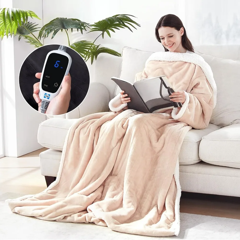 Electric Blanket Wearable with Foot Pocket, Flannel u0026 Sherpa Heating Throw  with 6 Heat Settings u0026 2-10 Hours Auto Shut Off - AliExpress