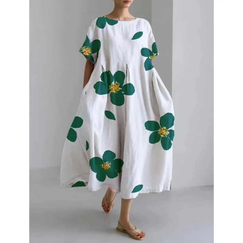 

Fashion Lady Short Sleeve Big Swing Loose Maxi Dress Retro Women Flower Printing Pocket Dress Bohemian O Neck Party Dress Robe