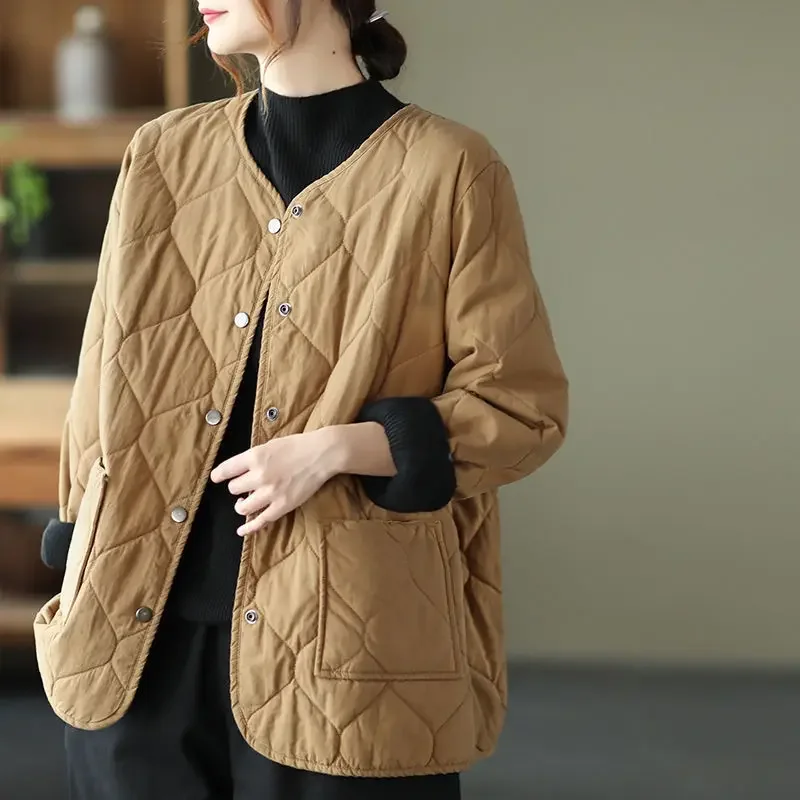 

Winter Harajuku Chic Parkas Women Retro Quilted Jacket Solid Minimalism Snap Button Up Thin Cotton-padded Coat Ladies Warm Parka