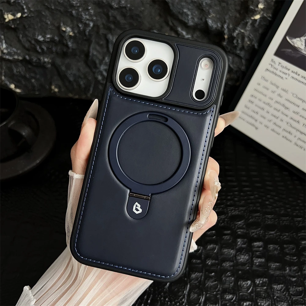 Luxury Magnetic Stand Ring PU Leather Phone Case with Magsafe and Hollow Logo Design