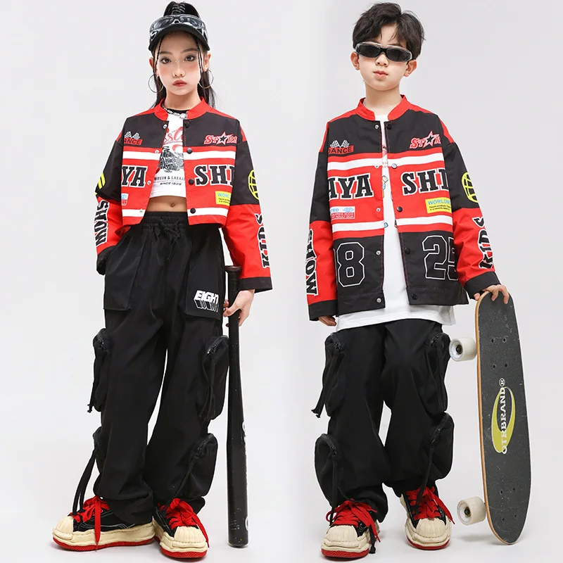 

New Hip Hop Clothing Red Motorcycle Jacket for Kids Jazz Dance Costume Group Performance Clothes Boys Girls Street Dancing Wear
