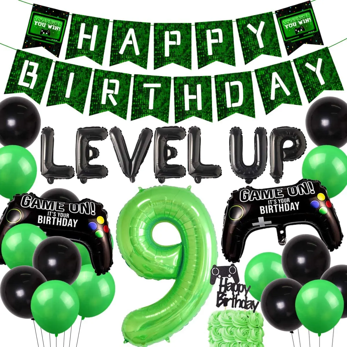 

Video Game 9th Birthday Party Decoration Green for Boys Game on Theme Party Supplies Level Up 9 Balloon Happy Birthday Banner