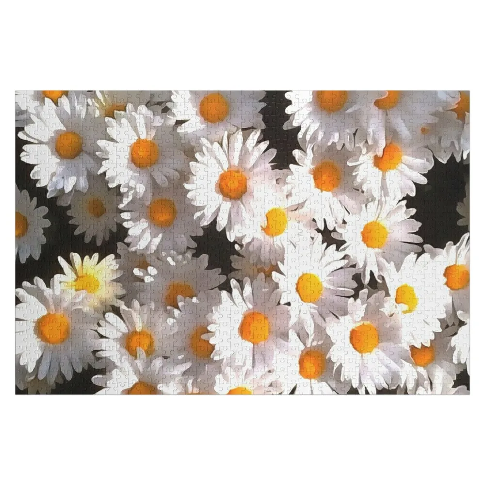 Brilliant White Daisies On Black Floral Art Jigsaw Puzzle Personalized Name Photo Personalized Gifts Custom Child Puzzle