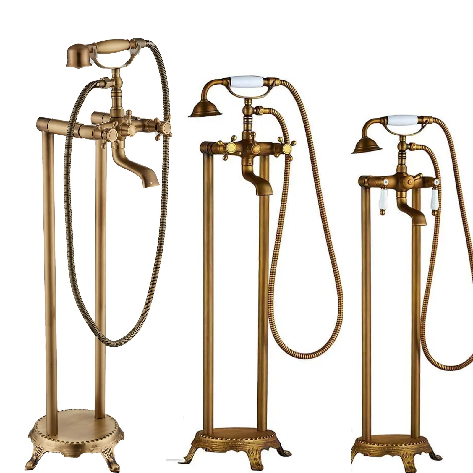 Floor Standing Double Tube Double Handle Bathtub Faucet Set for Bathroom With Rainfall Handshower Tub Faucet Freestanding Crane 4