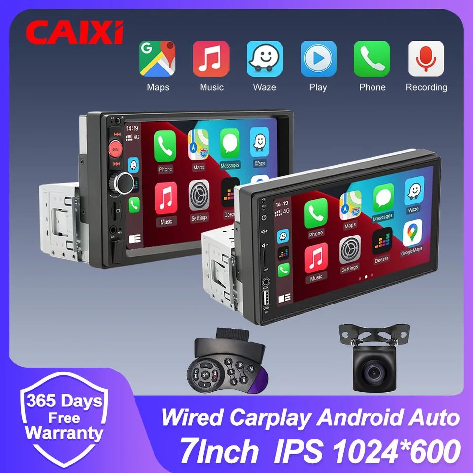 1 DIN Autoradio Met Wireless CarPlay & Android Auto - 7 Inch Touchscreen, Bluetooth, Mirror Link + Achteruitrijcamera