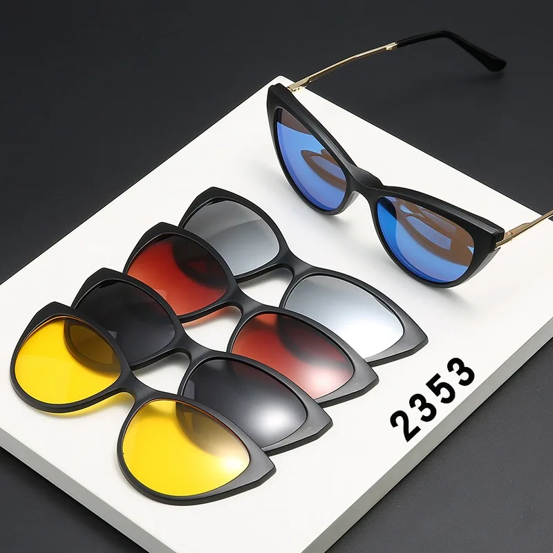 6 In 1 Spectacle Frame Women With 5 PCS Clip On Polarized Sunglasses Magnetic Glasses Female Computer Optical 2353D 4