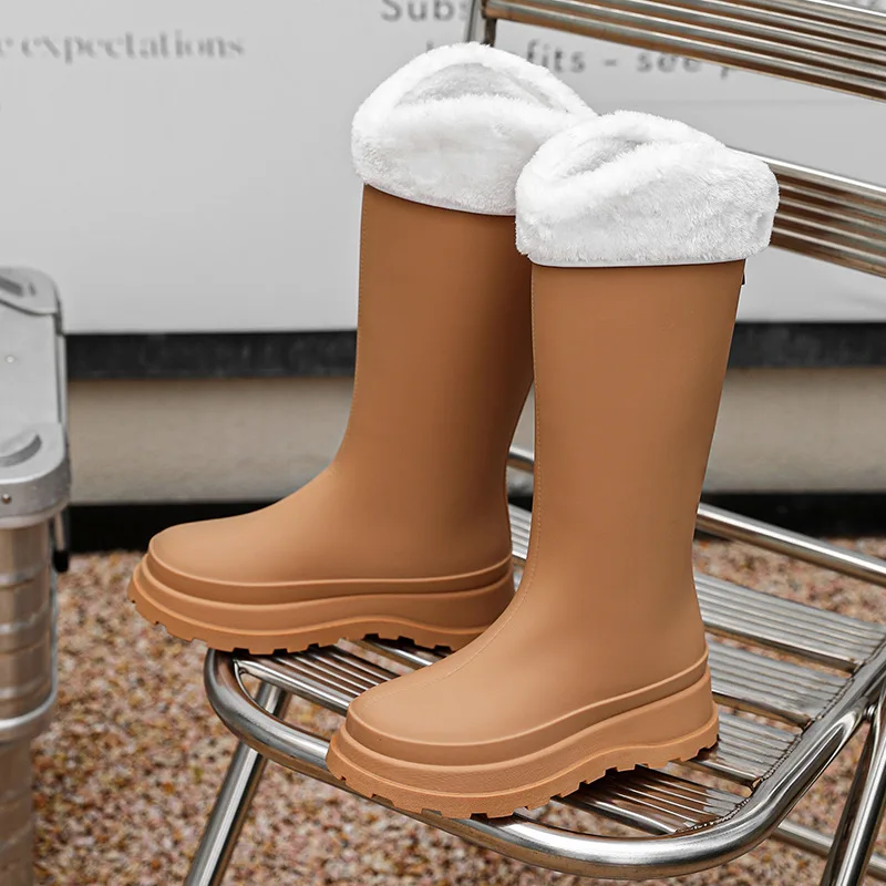 New Fashion 38cm High Tube Women's Rain Boots PVC Outdoor Non-slip Warm Fur Rain Boots Comfortable Thick Bottom Waterproof Shoes