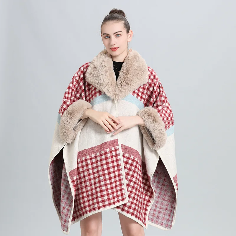 2022 Women Winter Thick Warm Black Houndstooth White Outer Wear Batwing Sleeves Faux Woolen Rabbit Fur Big Neck Loose Capes Coat