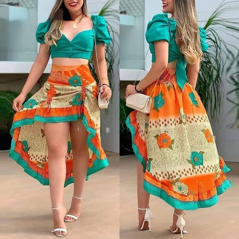 Womens Boho Retro 2 Pcs Skirts Sets 2022 Summer  Casual Full Print Puff Sleeve Crop Top & Skirt Suit