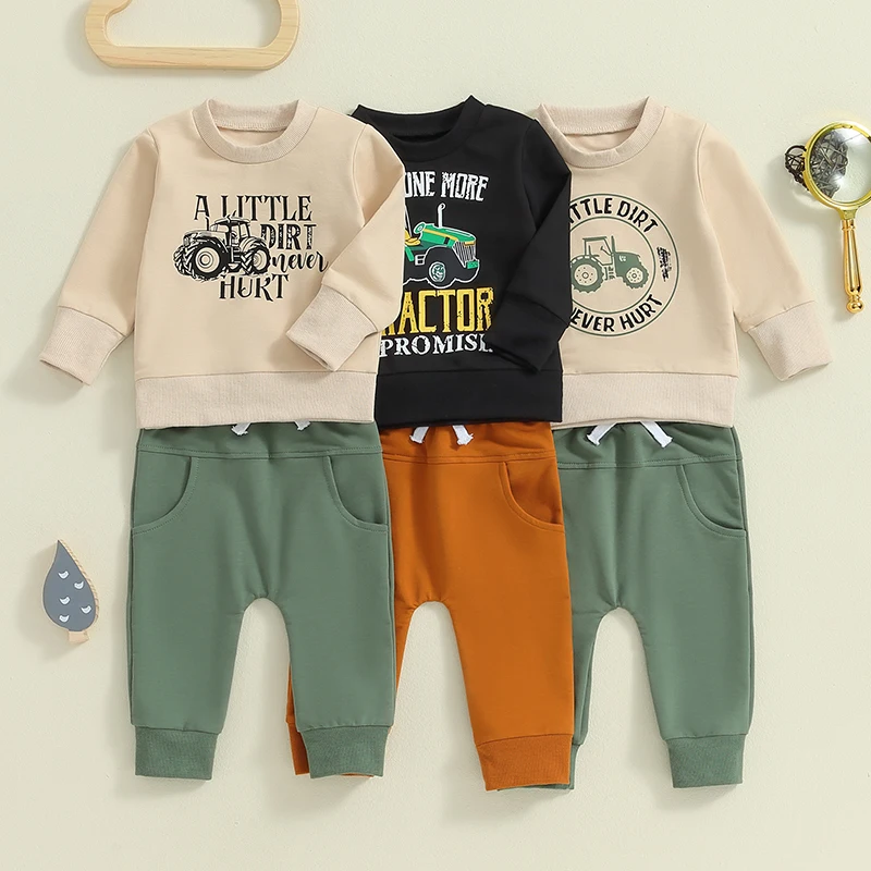 2024-05-27 Lioraitiin Toddler Boys Fall Outfits Letter Tractor Print Long Sleeve Sweatshirts and Long Pants 2Pcs Clothes Set