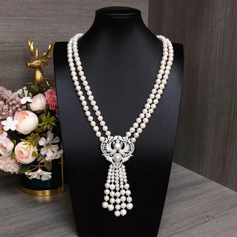 

Natural freshwater pearl sweater Necklace CZ Pendant For Women