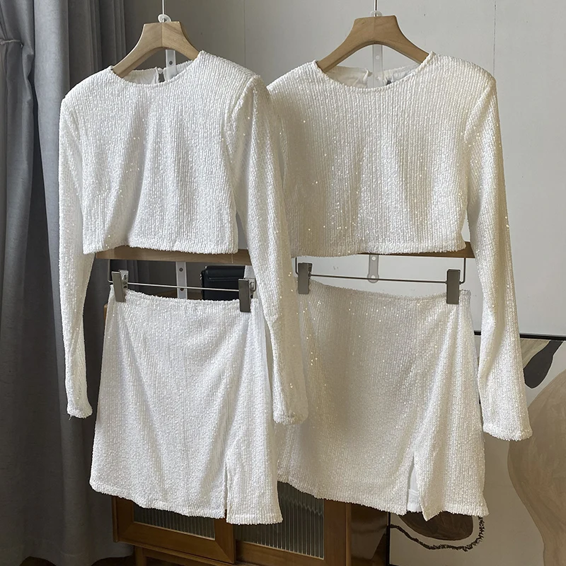 

Round neck sequin long sleeve age-reducing vintage blouse slit 2023 sexy skirt for women fashion casual skirt set