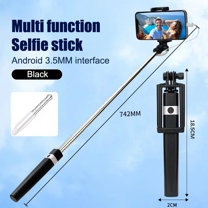 Mini selfiestick met knop, snoer, plastic handvat, monopod, universele draagbare selfiestick voor mobiele telefoons (8,5-74 cm)._voghion.com