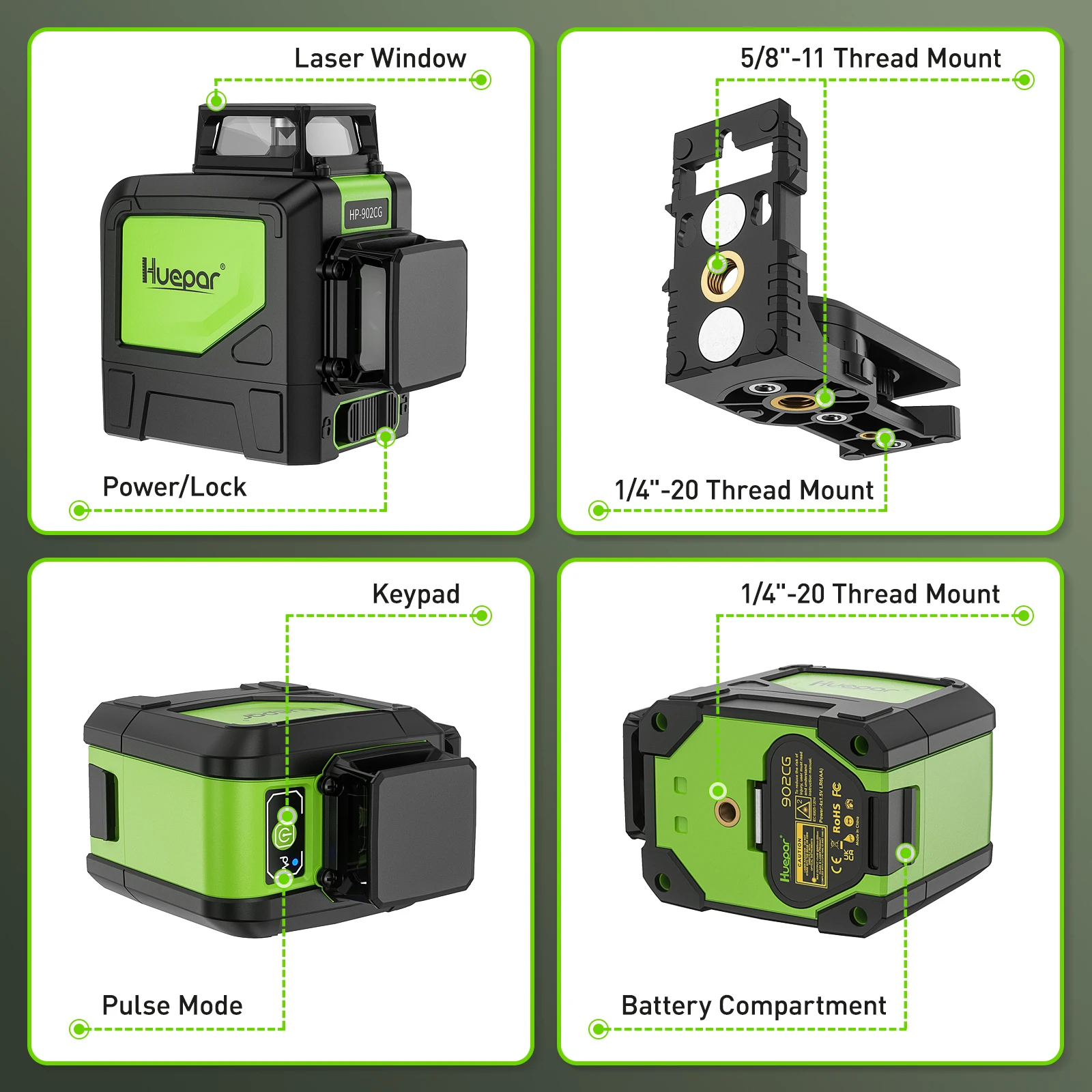 8-Line 2D Green Beam Self-Leveling Cross Line Laser Level Kit with Tripod or Rec