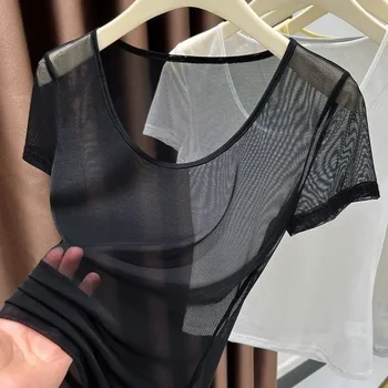 Spicy Girl Mesh Low Neck Short Sleeve T-Shirt Women's Summer High Ice Silk Large round Neck Thin Transparent Top 1