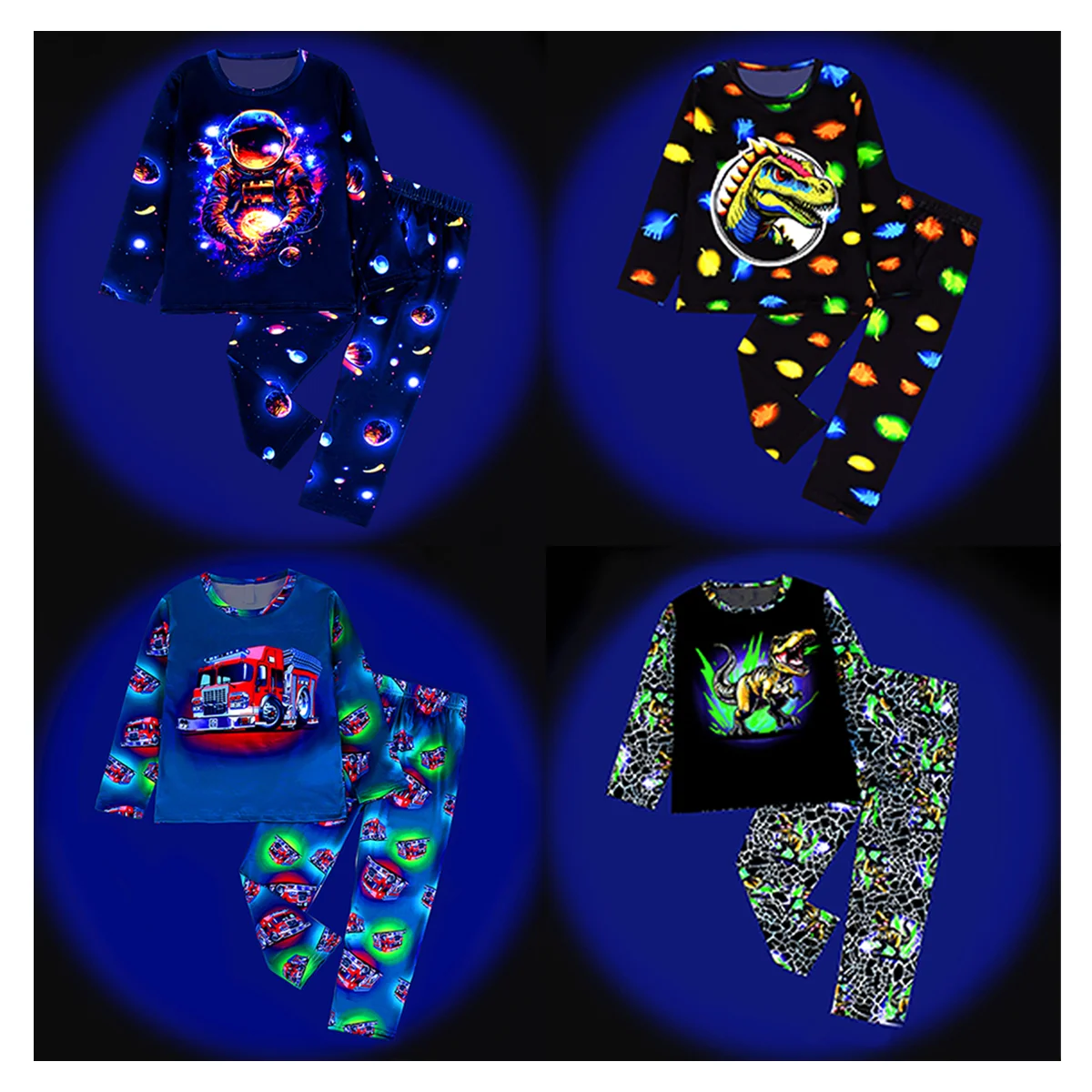 طقم ملابس داخلية حرارية كاجوال للأولاد مكون من قطعتين، طباعة رقمية على شكل ديناصور ورقبة دائرية وأكمام طويلة وبنطلون، مريح وصديق للبشرة