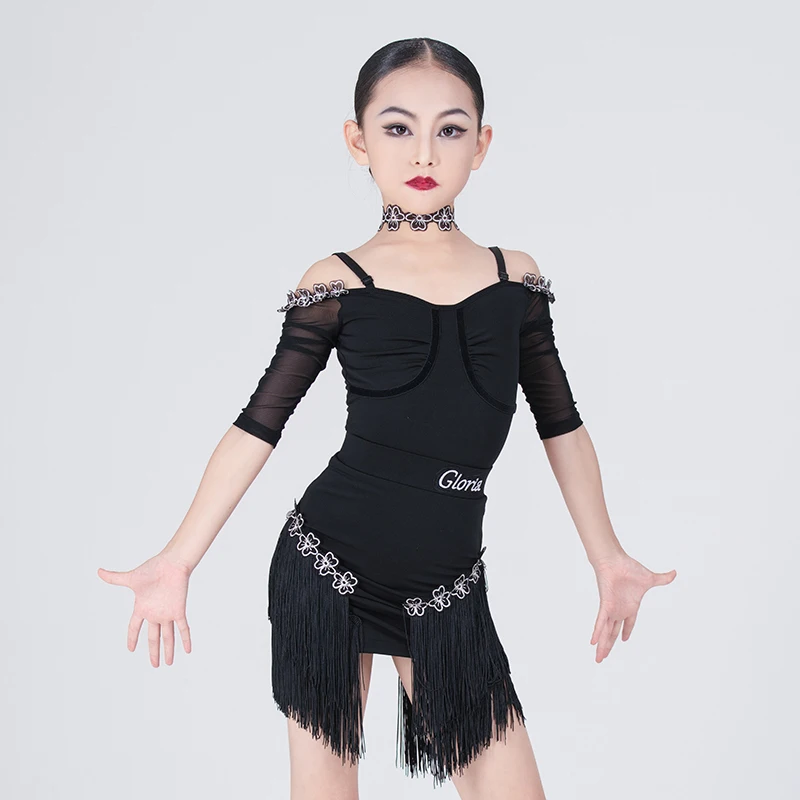 

Новинка 2023, одежда для латиноамериканских танцев с открытыми плечами для девушек, костюм румбы для выступлений, боди, юбка с бахромой, Одежда для танцев DL11018