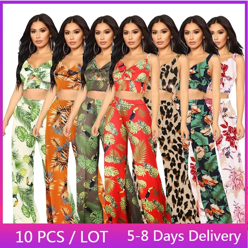 

Wholesale Items Printed Womens Two Peice Sets Summer Beach Bowtie Crop Top Wide Leg Pants Set Loose Matching Sets Women Clothing