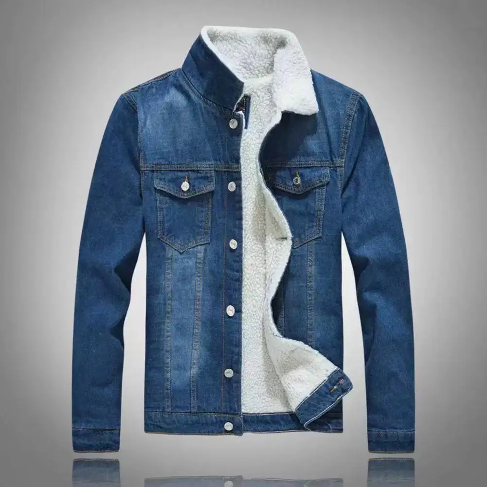 Men Solid Color Jacket Men's Stand Collar Denim Jacket with Thickened Plush Lining Neck Protection Slim Fit for Fall
