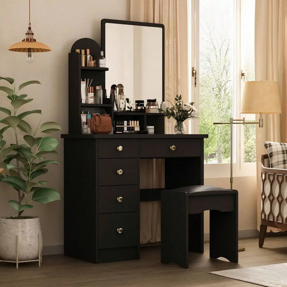 Vanity Desk, Vanity Table Set With LED Lighted Mirror, Makeup Vanity Dressing Table With 5 Drawers, Storage Shelves And Cushione