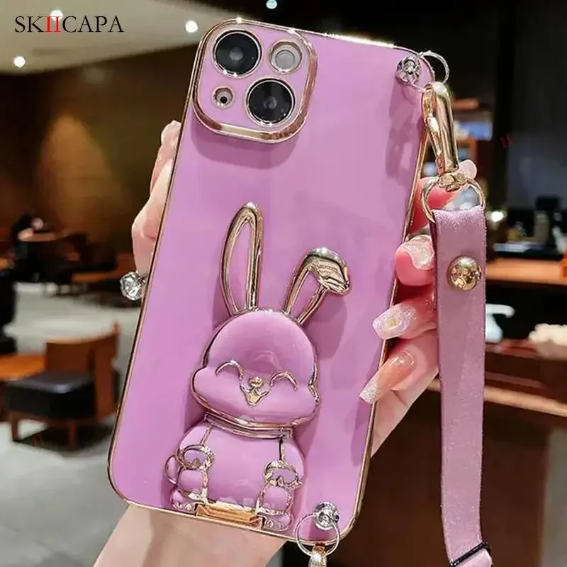 Plating Silicone Crossbody Lanyard Phone Case with Rabbit Holder
