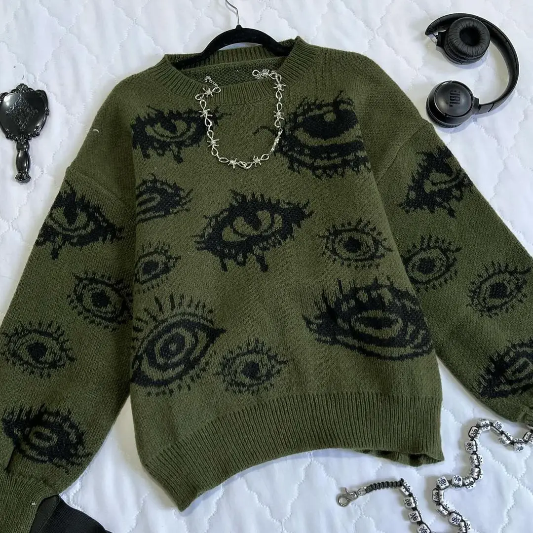 Gothic Punk Oversized Eye Pattern Sweaters for Men and Women Autumn and Winter Thickened Sweatshirts Knitted Sweater Streetwear 4