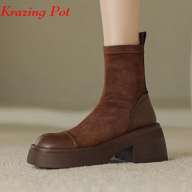 

Krazing Pot Cow Leather Flock Platform Round Toe Winter Warm Motorcycle Boots British School England Style Stretch Ankle Boots