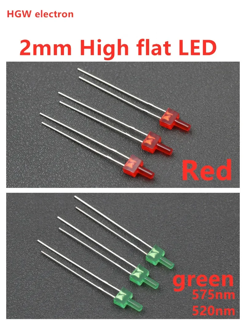 Diodos emissores de luz LED Flat Top Multicolor, Leds altos e longos, vermelho, amarelo, azul, verde, LED, F2, 2mm, 100PCs