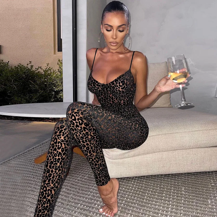 Sexy Leopard Jumpsuit V Neck Skinny Elegant Backless Outfit Clubwear Women Sleeveless Backless Workout Female Rompers Activewear
