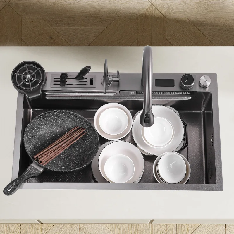 2024 new product big size Honeycomb embossed knife holder piano digital display waterfall kitchen sink 2