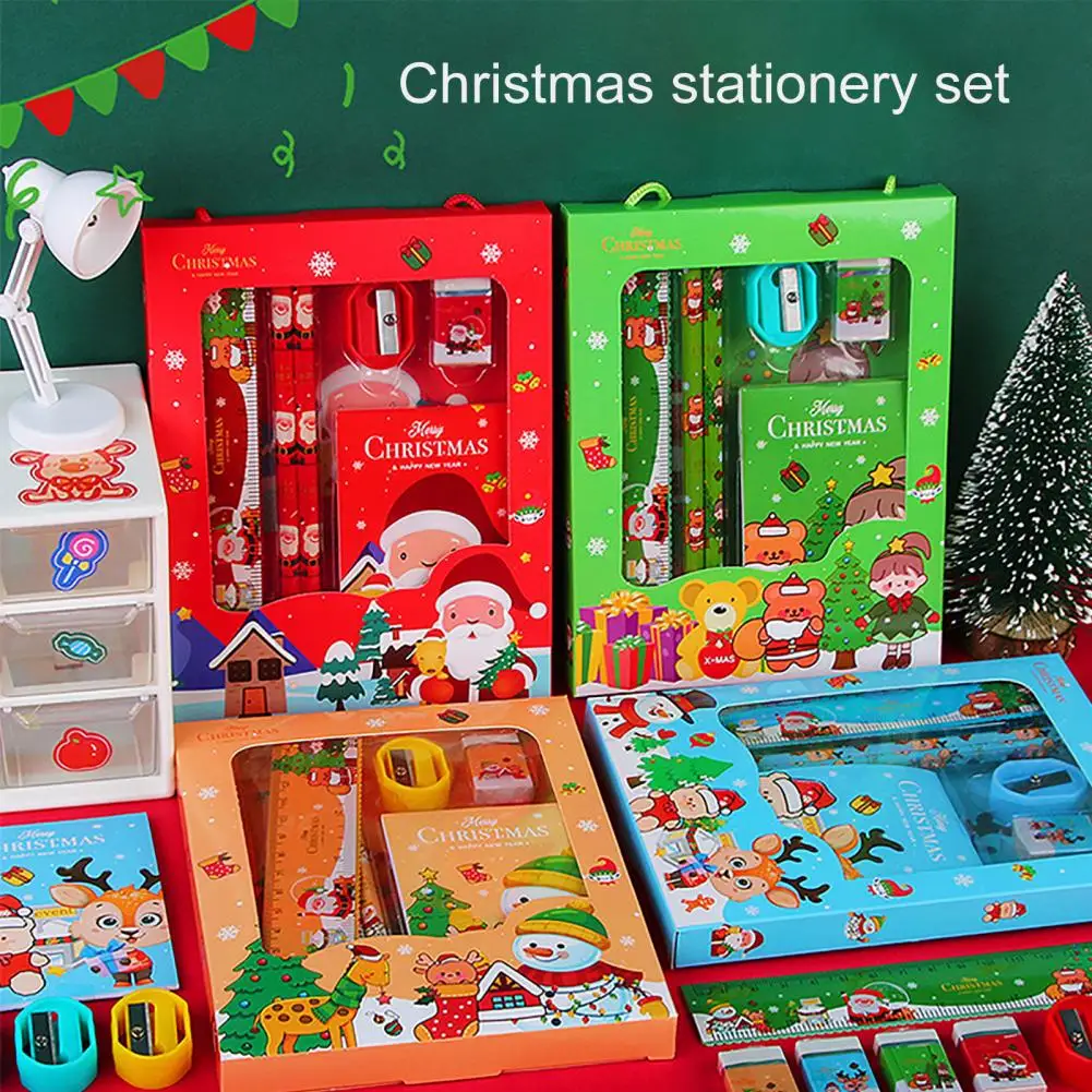 Christmas Stationery Set Cartoon Xmas Pattern Pencil Sharpener Erasers Pencils Kawaii School Supplies Family Gift Stationery Set