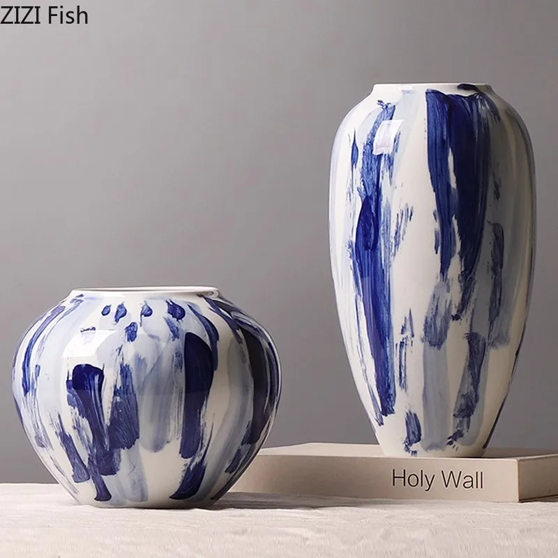 Ink Blue and White Porcelain Ceramic Vase Table Decoration Flower Arrangement Ink Style Flowers Vases Room Aesthetic Decor 3