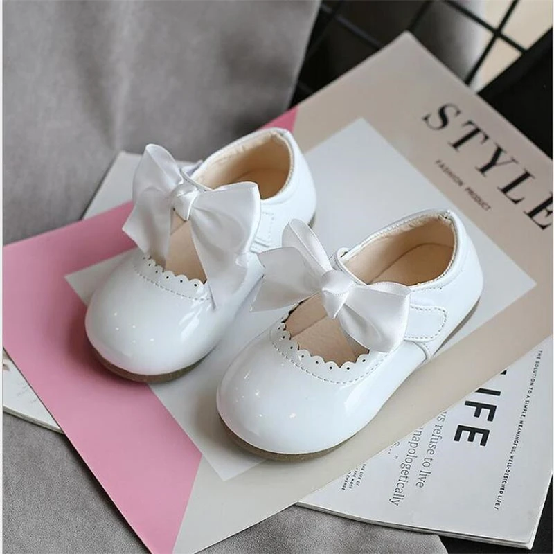 Newest Spring Autumn Baby Girls Fashion Patent Leather Big Bow Princess Mary Janes Party Shoes Solid Color Student Flats Shoes