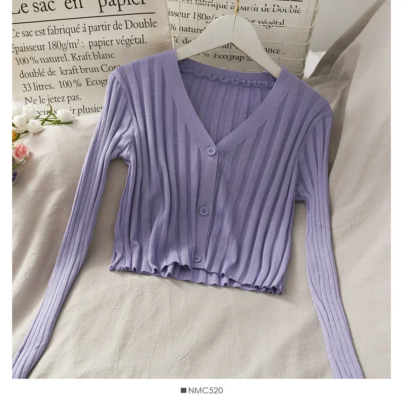 Women's Acrylic Long Sleeve V-Neck Button-Down Slim Cropped Ribbed Knit Cardigan Thin Solid Stretch Crop Top Knitwear