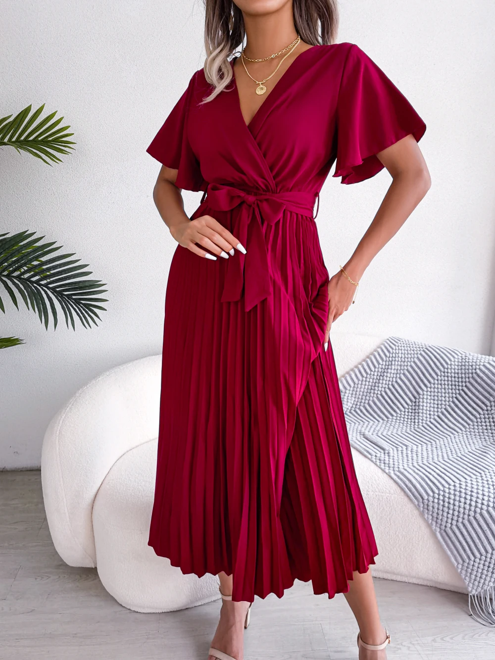 S38387d6d32fd4038a6bd5556145218efh Women Summer Casual V Neck Short Sleeve Pleated Chiffon Maxi Dress Black Red Green Clothing Mallzona