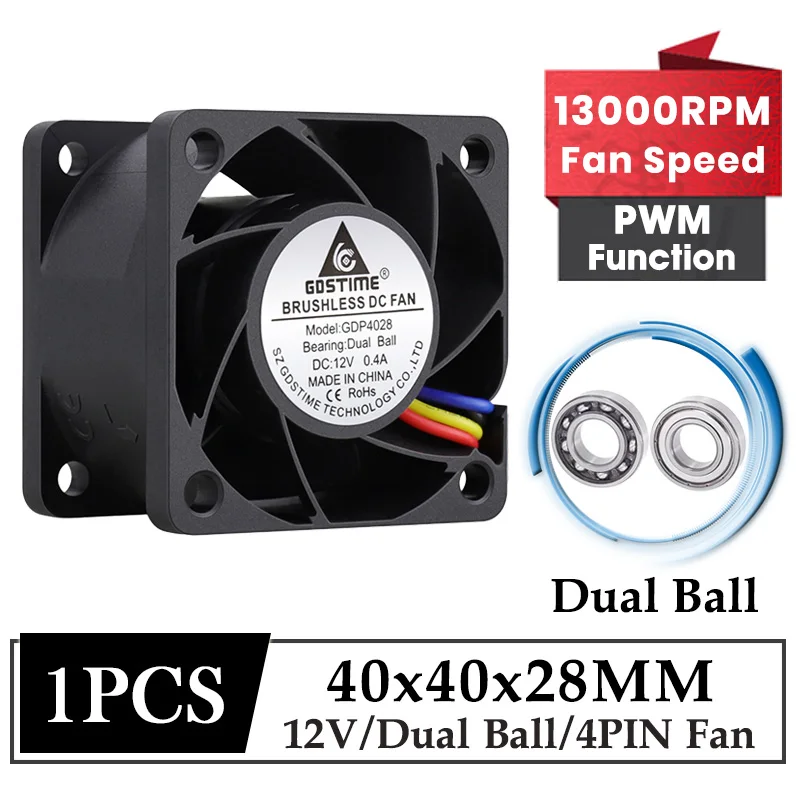 GDSTIME40MMPowerfulCoolingFan40x40x28MMDualBallBearing4Wire
