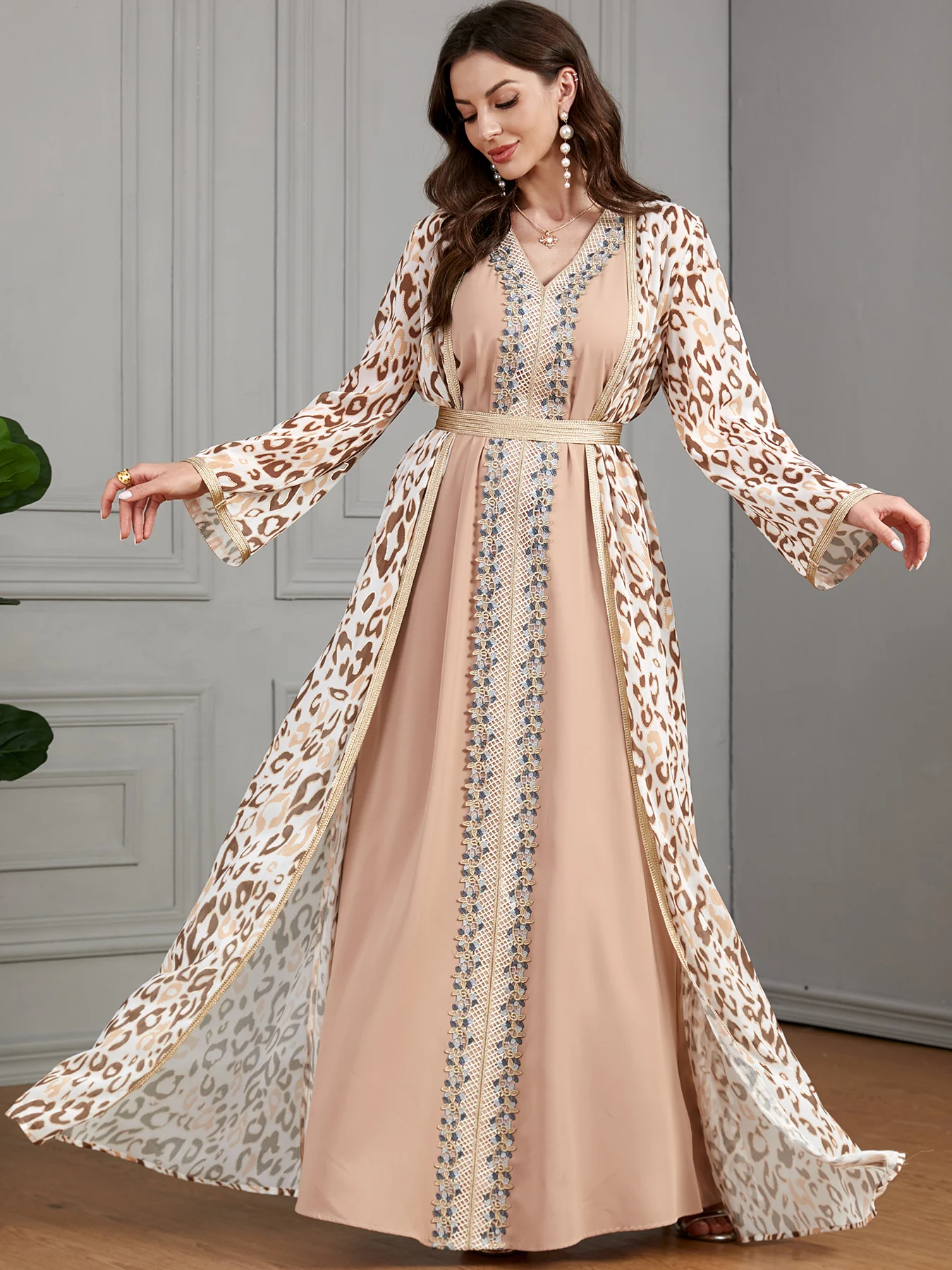 

Printed Moroccan Kaftan 2 Piece Women Embroidered Appliques Islamic Clothing Arab Evening Dress Muslim Dubai Eid Jalabiya Abaya